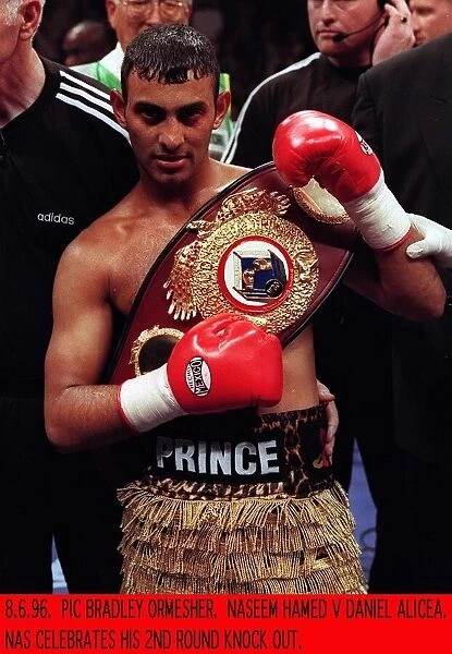 Prince Naseem Hamed boxer and WBO featherweight champion celebrates his 2nd round knock