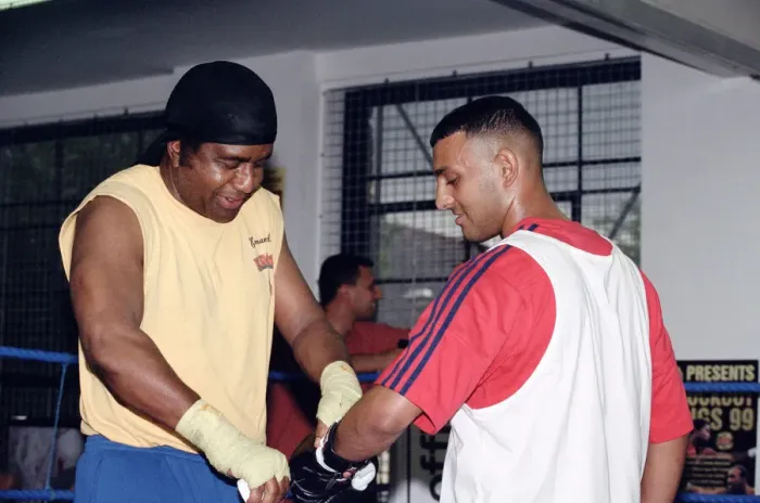 Framed Print : Prince Naseem Hamed with his new trainer Emanuel Steward From The Kronk Gym In Detroit Framed Print : Prince Naseem Hamed with his new trainer Emanuel Steward From The Kronk Gym In Detroit