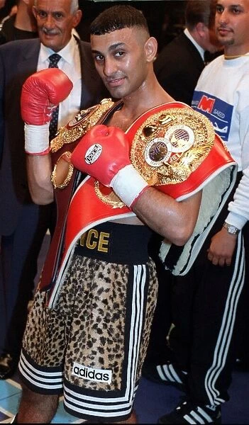 Prince Naseem Hamed wearing his Lonsdale belt after successfully defending his WBO