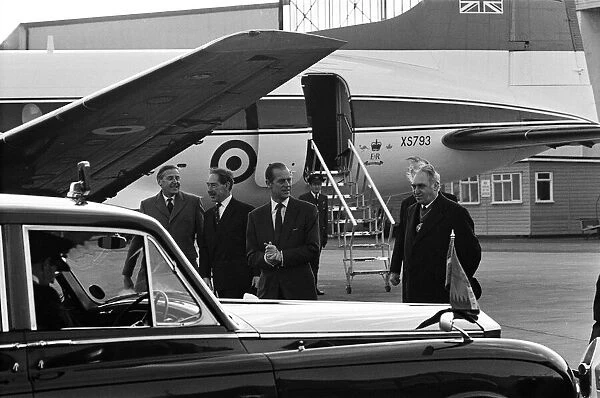 Prince Philip, Duke of Edinburgh arrives at Birmingham Airport to visit the scenes