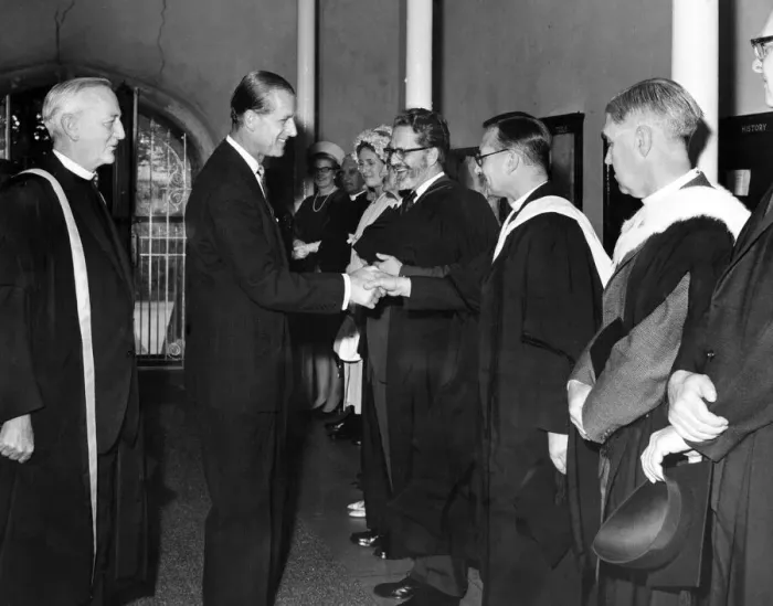Framed Print : Prince Philip, Duke of Edinburgh, chatting to senior tutor Rev Framed Print : Prince Philip, Duke of Edinburgh, chatting to senior tutor Rev