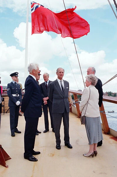 Prince Philip, Duke of Edinburgh at the Endeavour Training vessel, pictured on board