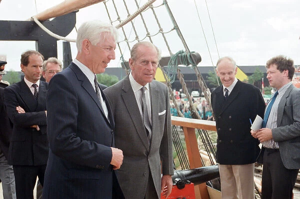 Prince Philip, Duke of Edinburgh at the Endeavour Training vessel, pictured on board