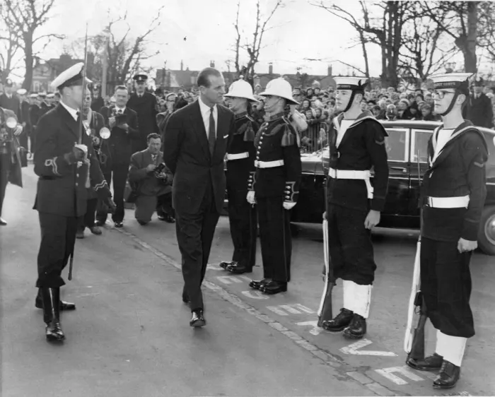 Framed Print : Prince Philip, Duke of Edinburgh, inspects a guard of honour at the South Shields College