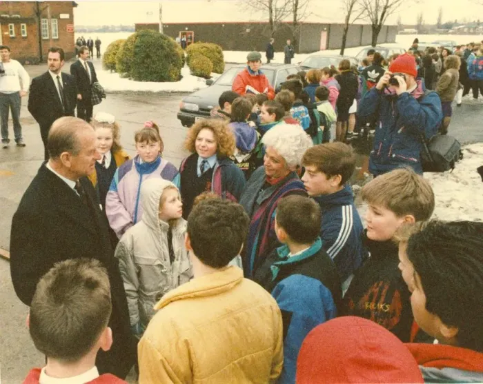 Framed Print : Prince Philip, Duke of Edinburgh, opens the gymnastic centre at Benfield School Framed Print : Prince Philip, Duke of Edinburgh, opens the gymnastic centre at Benfield School