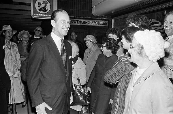 Prince Philip, Duke of Edinburgh outside the Swinging Sporran pub, Redditch. 4th May 1978