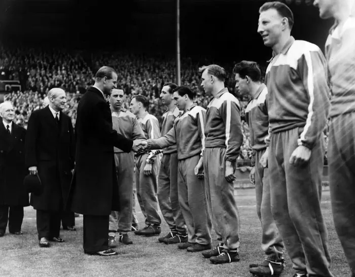 Framed Print : Prince Philip Duke of Edinburgh shaking hands with Manchester City Team at the start of