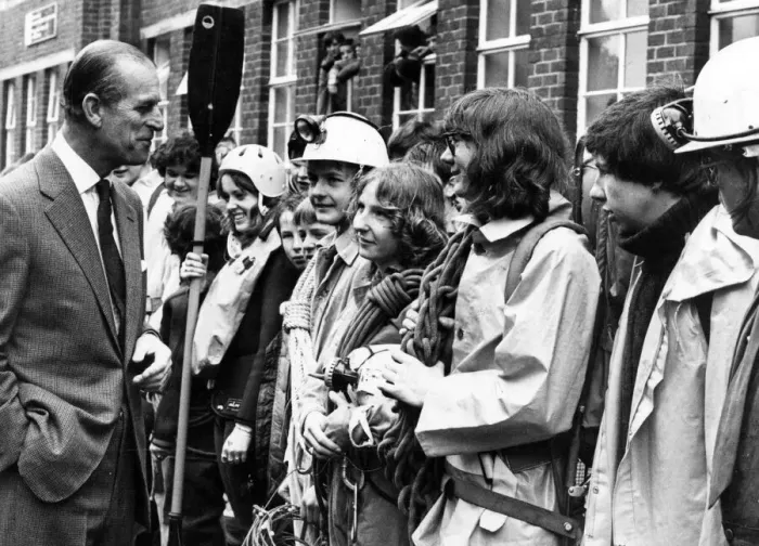 Framed Print : Prince Philip, Duke of Edinburgh shares a joke with members of venture groups whom he met Framed Print : Prince Philip, Duke of Edinburgh shares a joke with members of venture groups whom he met