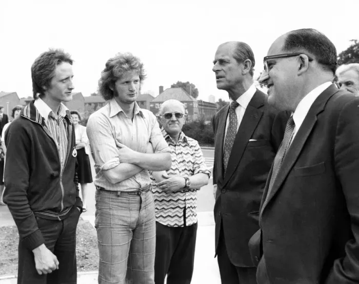 Framed Print : Prince Philip, Duke of Edinburgh stops to have a joke with Castle Irwell gardeners with a Framed Print : Prince Philip, Duke of Edinburgh stops to have a joke with Castle Irwell gardeners with a