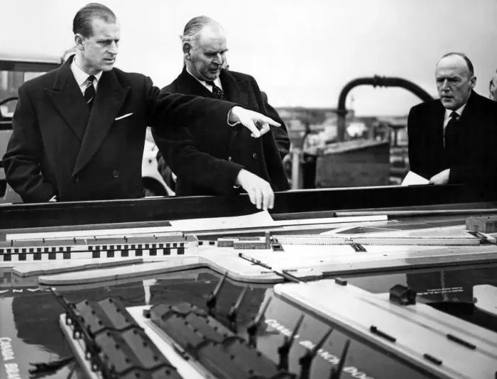 Framed Print : Prince Philip, Duke of Edinburgh, visiting Liverpool. The Duke is shown a model of