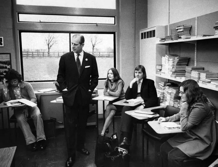Framed Print : Prince Philip, Duke of Edinburgh visits Eccles College, Ellesmere Park. 8th February 1973 Framed Print : Prince Philip, Duke of Edinburgh visits Eccles College, Ellesmere Park. 8th February 1973