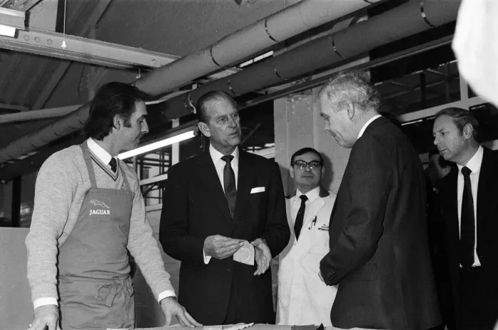 Framed Print : Prince Philip, Duke of Edinburgh visits the Jaguar assembly plant at Browns Lane