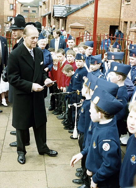 Prince Philip, Duke of Edinburgh visits Manchester. The Duke talks to Boys Brigade