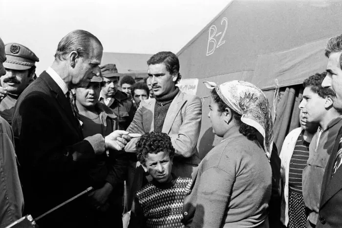 Framed Print : Prince Philip, Duke of Edinburgh visits the site of the El Asnam earthquake, Algeria