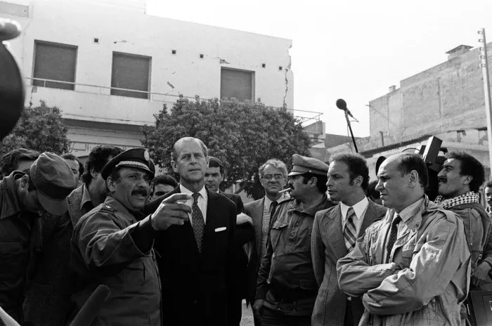 Framed Print : Prince Philip, Duke of Edinburgh visits the site of the El Asnam earthquake, Algeria