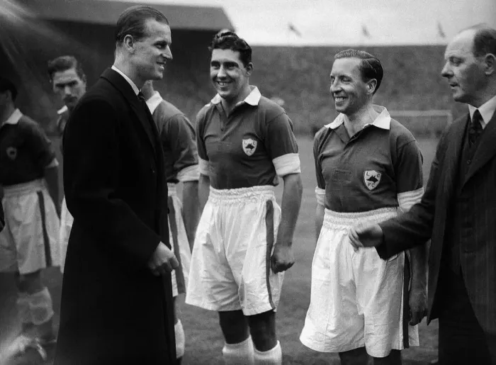 Framed Print : Prince Philip meets Leicester City team players before kick off in their side