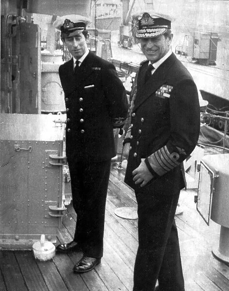 Prince Philip & Prince Charles on board HMS Bronnington - 27 February 1976