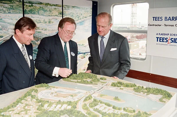 Prince Philip visiting Tees Barrage, looking at a model of Tees Barrage. 18th May 1993