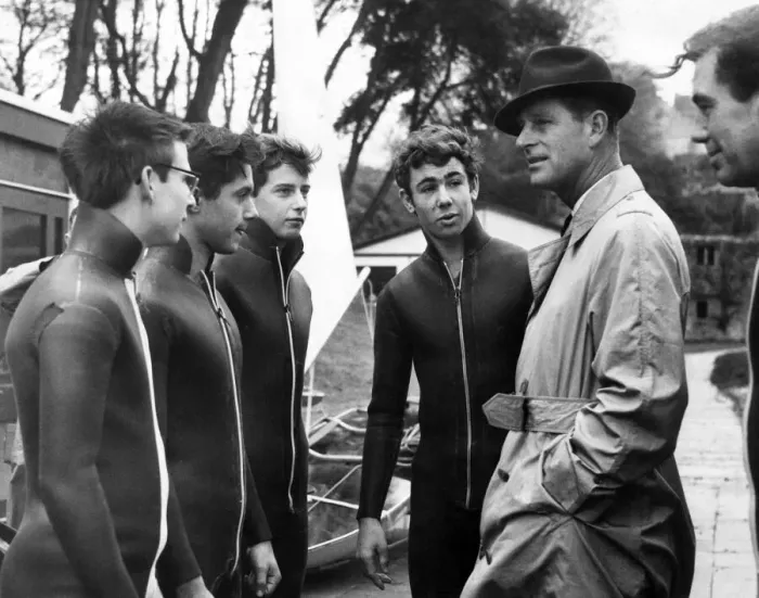 Framed Print : Prince Philip visiting Wales. The Duke of Edinburgh stops to chat with oilskin-suited