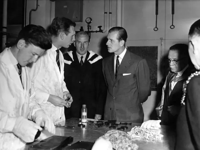 Framed Print : Prince Philip visiting Wales. The Duke talks to students in the chemistry department Framed Print : Prince Philip visiting Wales. The Duke talks to students in the chemistry department