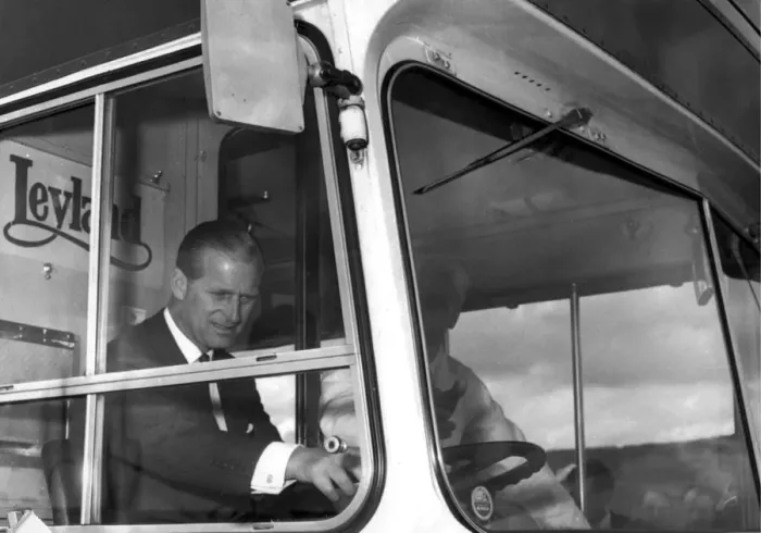 Framed Print : Prince Philip at the wheel of a double decker bus during his visit to the Leyland works Framed Print : Prince Philip at the wheel of a double decker bus during his visit to the Leyland works