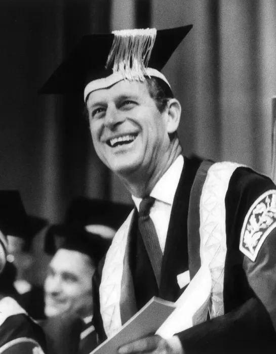 Framed Print : Prince Phillip wearing the robe containing golden symbols depicting Science