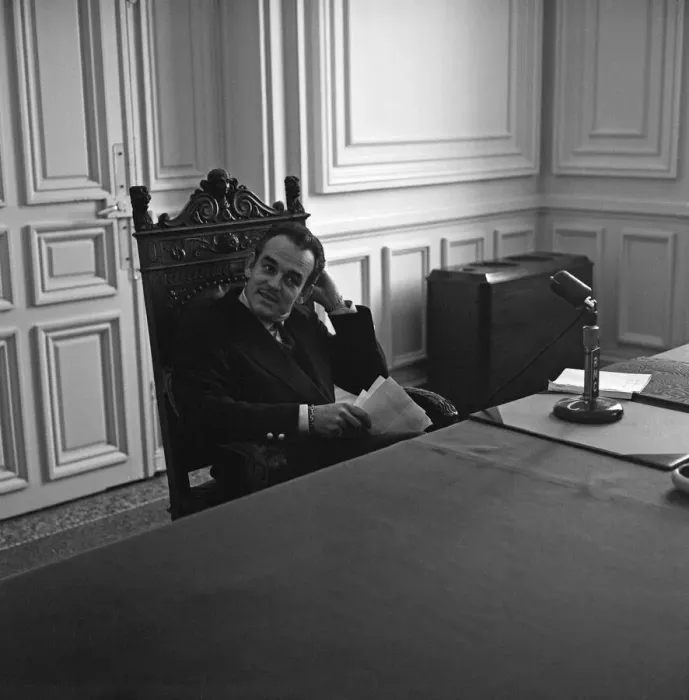 Framed Print : Prince Rainier of Monaco holds a press conference before the birth of his first baby Framed Print : Prince Rainier of Monaco holds a press conference before the birth of his first baby