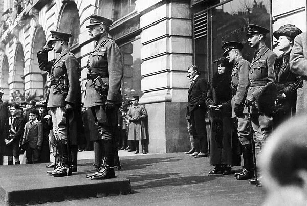 The Prince of Wales and General Haig seen here taking the saluting on the steps of