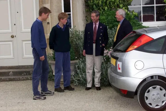 Framed Print : Prince William after driving lesson at Highgrove July 1999 Prince Charles jokes