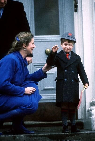 Prince William being met on his first day of school by headmistress Miss