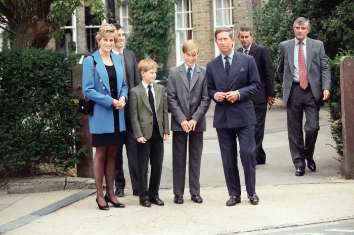 Framed Print : Prince William (third left) poses at a photocall with his mother Diana, Princess of Wales
