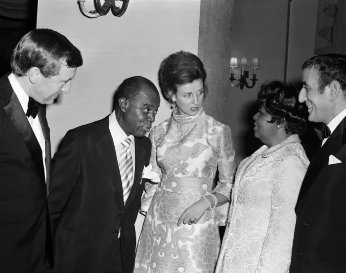 Framed Print : Princess Alexandra meets Louis Armstrong at a private party at the Savoy Hotel, London