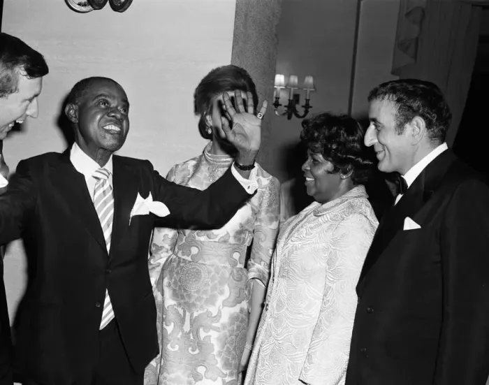Framed Print : Princess Alexandra meets Louis Armstrong at a private party at the Savoy Hotel, London Framed Print : Princess Alexandra meets Louis Armstrong at a private party at the Savoy Hotel, London