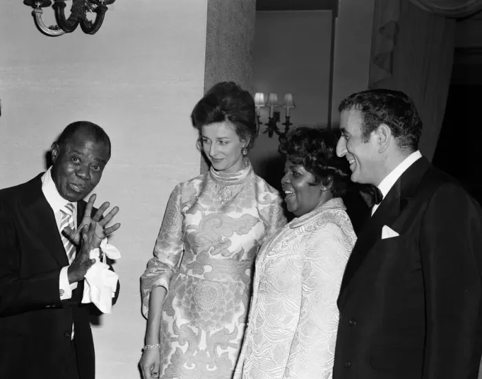Framed Print : Princess Alexandra meets Louis Armstrong at a private party at the Savoy Hotel, London
