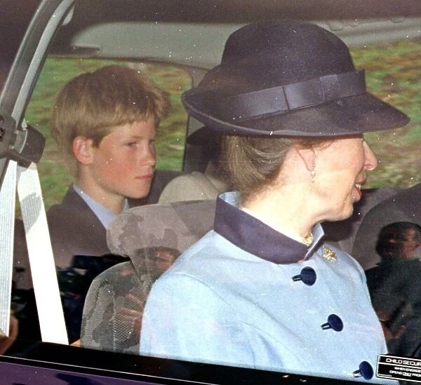 Princess Anne August 1998 in car with Prince Harry arriving at church in Crathie