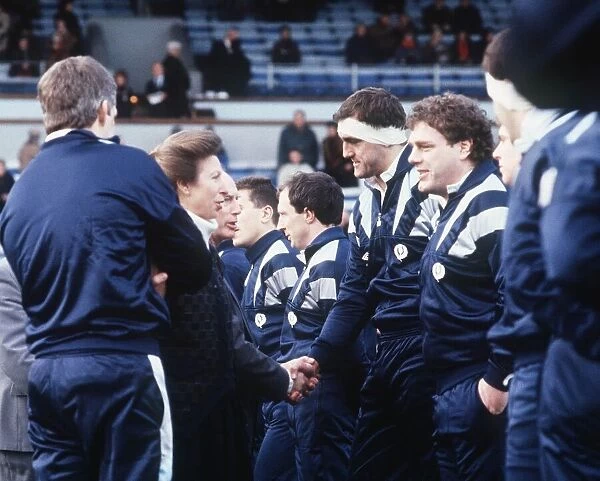 Princess Anne meets rugby players at Scotland v Wales January 1989