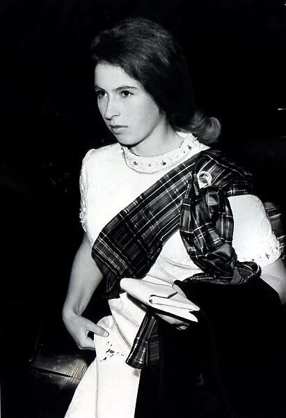 Princess Anne at Perth Hunt ball in 1968 wearing tartan sash