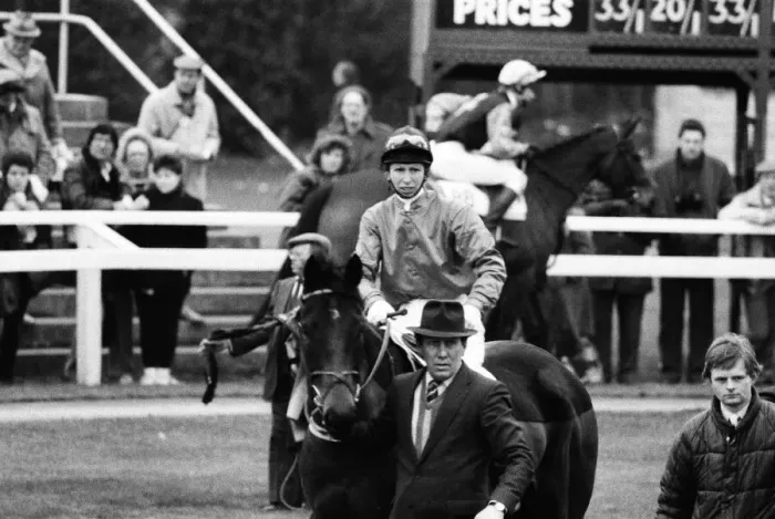 Framed Print : Princess Anne races at Newbury Racecourse, Berkshire. She is pictured alongside her Framed Print : Princess Anne races at Newbury Racecourse, Berkshire. She is pictured alongside her