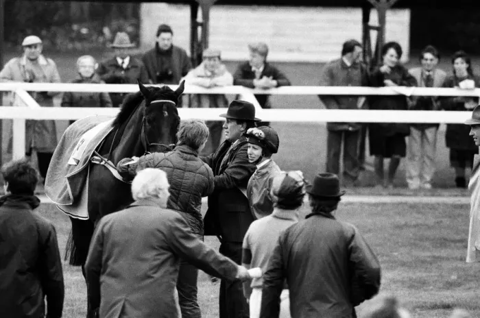 Framed Print : Princess Anne races at Newbury Racecourse, Berkshire. She is pictured alongside her Framed Print : Princess Anne races at Newbury Racecourse, Berkshire. She is pictured alongside her