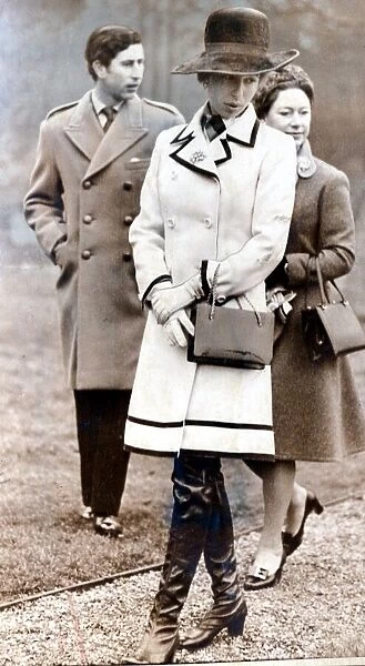 Princess Anne wearing a cream esemble trimmed coat with a chocolate edging 1973