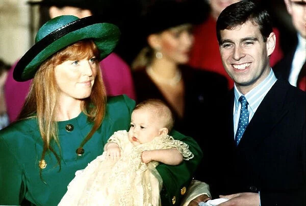 Princess Beatrice being held at christening by Mother and Father Duchess Of York