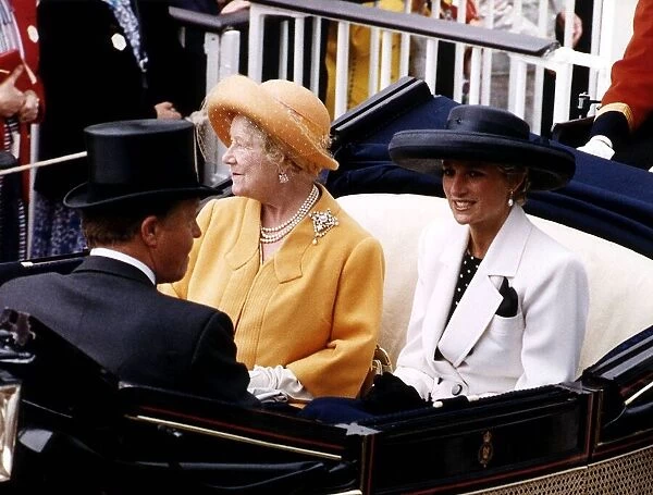 Princess Diana arriving at Ascot with the Queen Mother in an open carriage