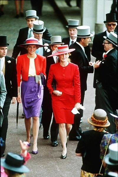 Princess Diana attends the first day of the Ascot races with Sarah Ferguson