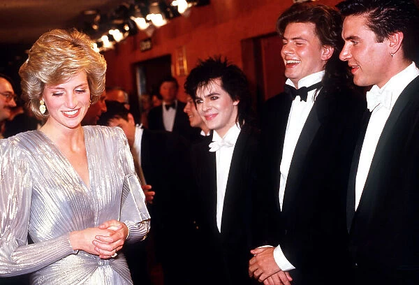 Princess Diana meets Nick Rhodes John Taylor and Simon Le Bon of Duran Duran at the royal