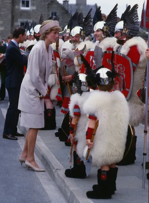 Framed Print : Princess Diana, Princess of Wales, talking to men dressed as vikings on a visit to Framed Print : Princess Diana, Princess of Wales, talking to men dressed as vikings on a visit to