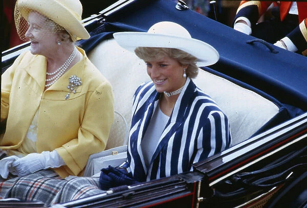 Princess Diana Princess of Wales sitting in a coach at Ascot racecourse with the Queen