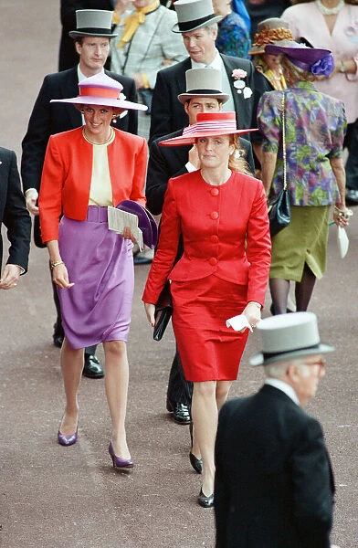 Princess Diana and Sarah Ferguson, the Duchess of York attend the first day of the Ascot
