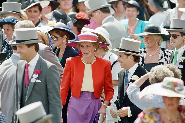 Princess Diana and Viscount Linley attend the first day of the Ascot races