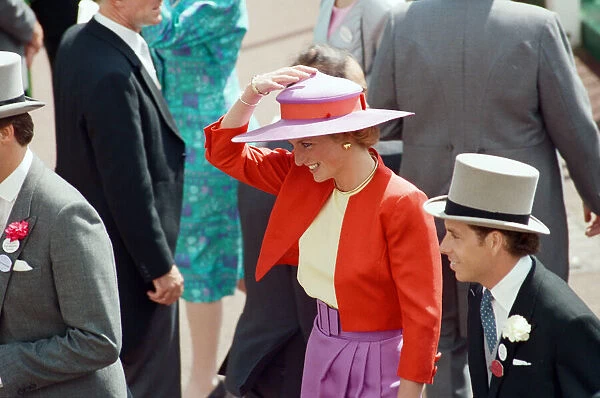 Princess Diana and Viscount Linley attend the first day of the Ascot races