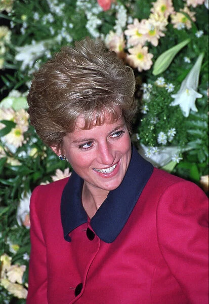 PRINCESS DIANA WEARING RED AND NAVY BLUE DRESS - F  /  L, SEATED - DECEMBER 1990